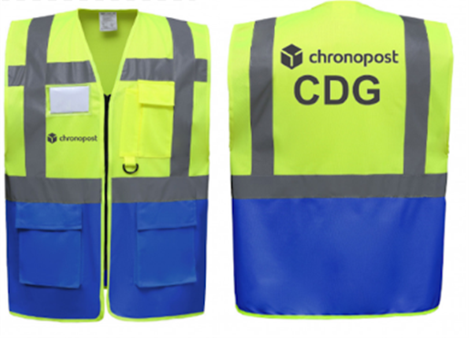 Gilet multipoches HV jaune/bleu roi avec logo "CHRONOPOST" - V7395