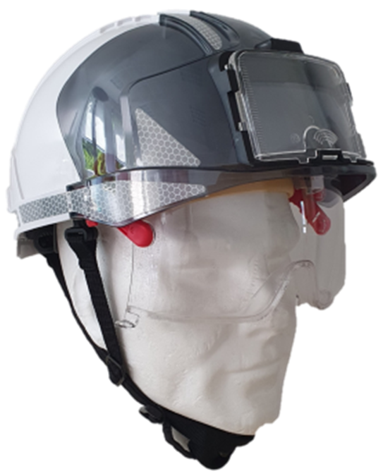 Casque Evo Vistalens non ventilé blanc/fumé avec logo "MEDIACO" - T193700