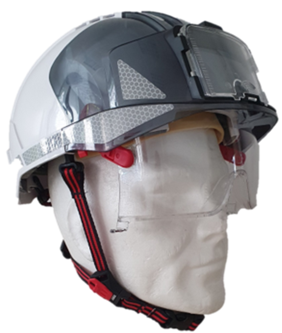 Casque Evo Vistalens Dualswitch ventilé blanc/fumé avec logo "MEDIACO" - T193800